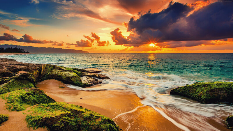 Sunset over Rocky Beach — Orange, Dramatic, Photograph, Ocean, Mountains