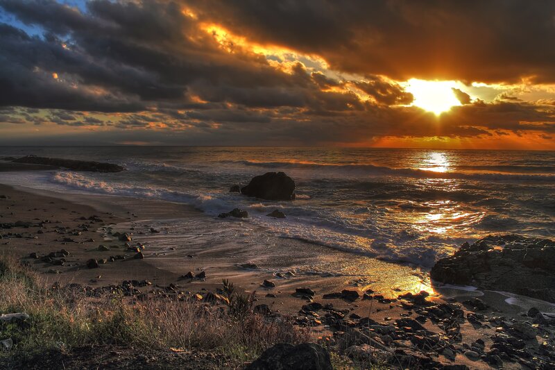Sunset over Rocky Beach — Orange, Dramatic, Photograph, Ocean, Rocks, Clouds, Brown