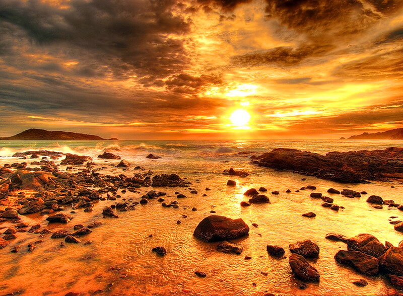 Sunset over Rocky Beach — Orange, Dramatic, Photograph, Ocean, Rocks, Clouds