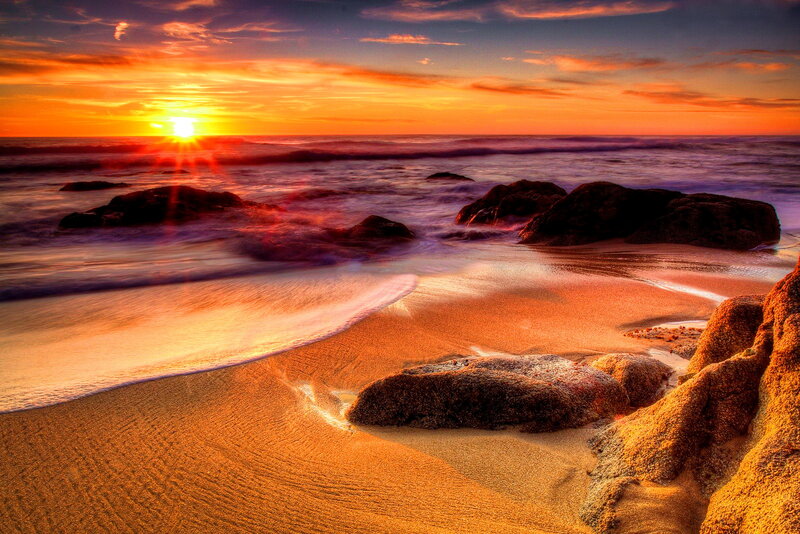 Sunset over Rocky Beach — Orange, Dramatic, Photograph, Ocean, Rocks, Sand