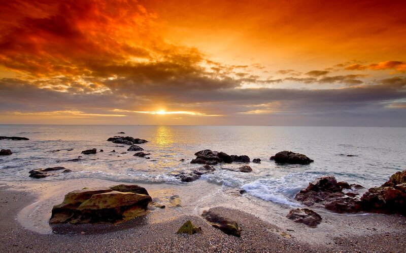 Sunset over Rocky Beach — Orange, Dramatic, Photograph, Ocean, Rocks