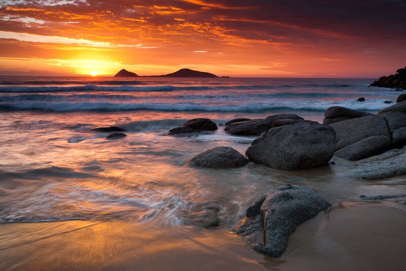 Sunset over Rocky Beach — Orange, Dramatic, Photograph, Ocean