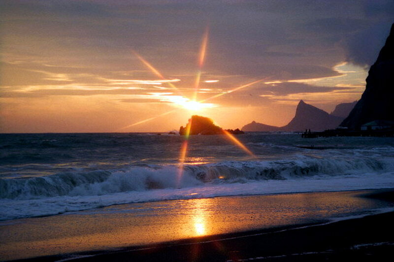 Sunset over Rocky Beach — Orange, Dramatic, Photograph, Ocean, Waves