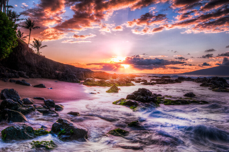 Sunset over Rocky Beach — Orange, Dramatic, Photograph, Palm Trees