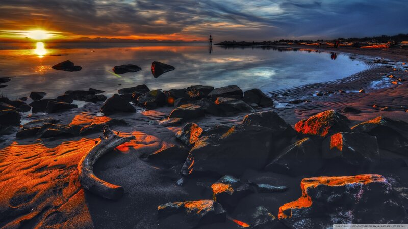 Sunset over Rocky Beach — Orange, Dramatic, Photograph, Rocks, Driftwood