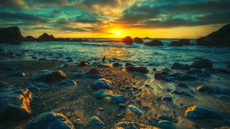 Sunset over Rocky Beach — Orange, Dramatic, Photograph, Rocks, Ocean, Sky, Blue