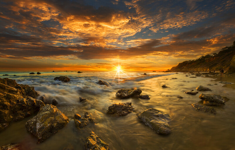 Sunset over Rocky Beach — Orange, Dramatic, Photograph, Rocks, Ocean, Sky, Cliff