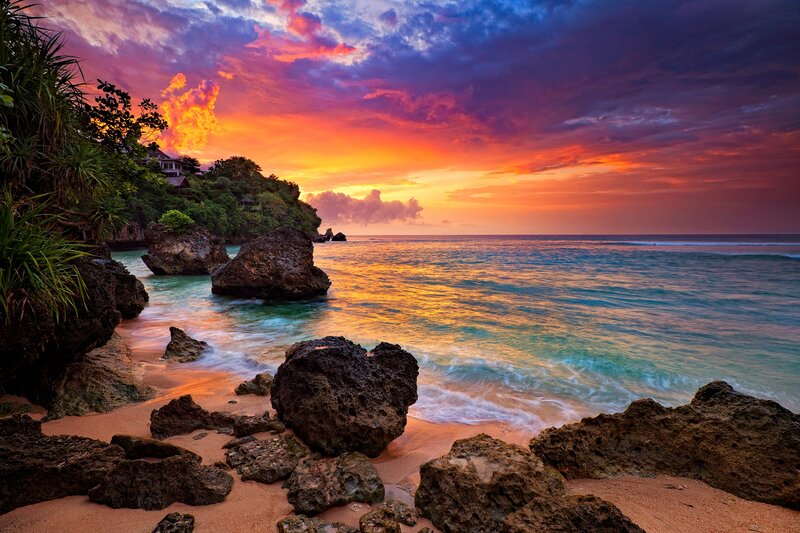 Sunset over Rocky Beach — Orange, Dramatic, Photograph, Rocks, Ocean, Sky, Trees