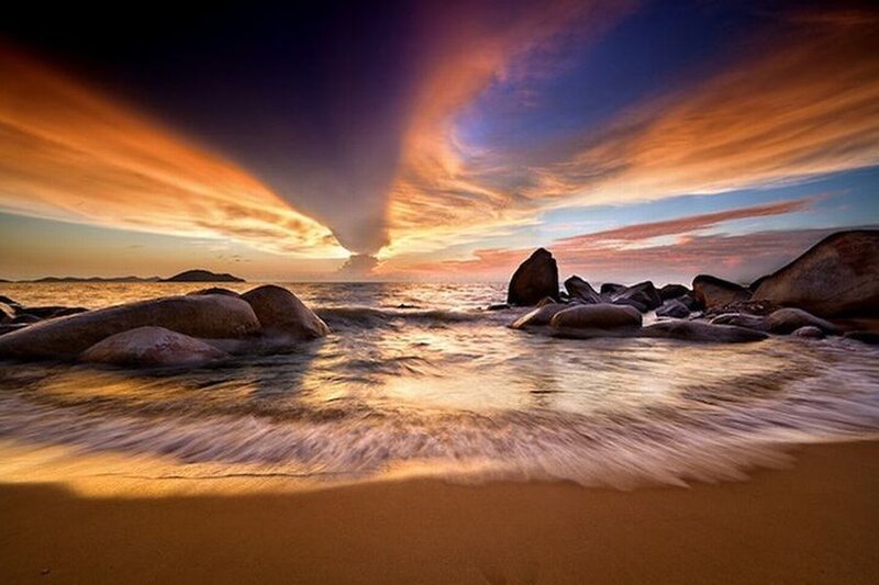 Sunset over Rocky Beach — Orange, Dramatic, Photograph, Rocks, Ocean