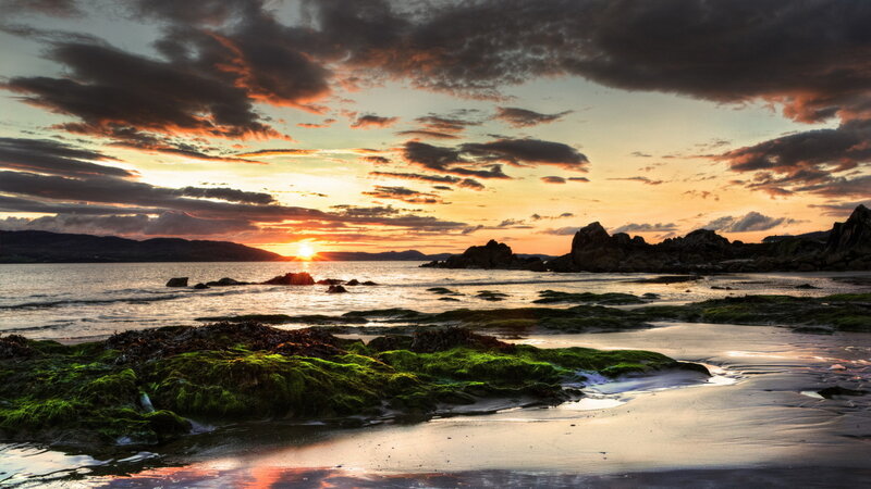 Sunset over Rocky Beach — Orange, Dramatic, Photograph, Sun, Clouds, Rocks
