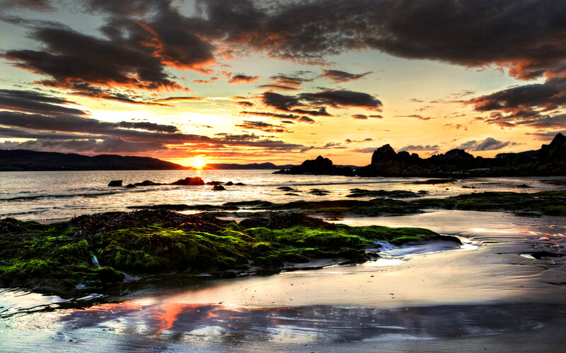 Sunset over Rocky Beach — Orange, Dramatic, Photograph, Sun, Clouds