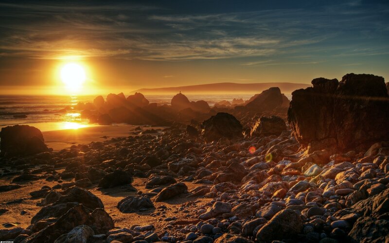 Sunset over Rocky Beach — Orange, Dramatic, Photograph, Sun, Rocks