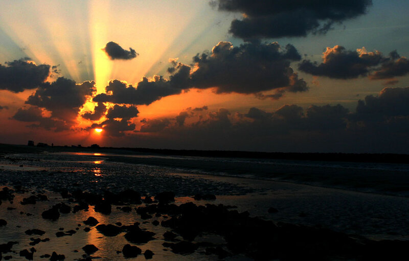 Sunset over Rocky Beach — Orange, Dramatic, Photograph, Sun