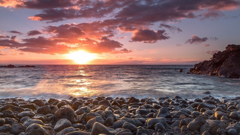 Sunset over Rocky Beach — Orange, Serene, Photograph, Ocean, Clouds, Rocks