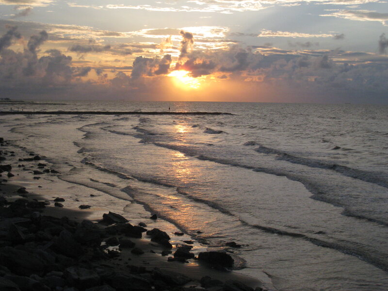Sunset over Rocky Beach — Orange, Serene, Photograph, Ocean, Clouds