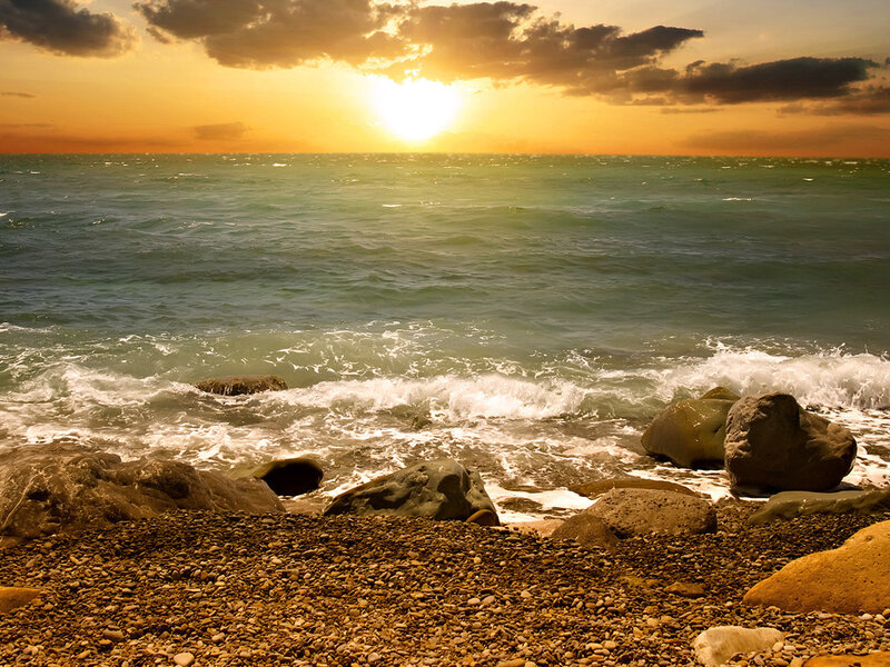 Sunset over Rocky Beach — Orange, Serene, Photograph, Ocean, Rocks