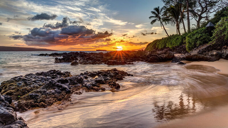 Sunset over Rocky Beach — Orange, Serene, Photograph, Palm Trees
