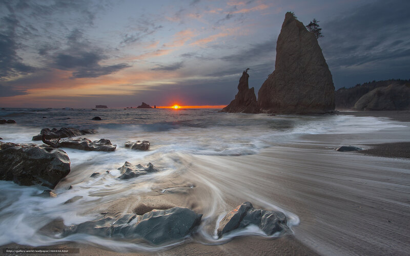 Sunset over Rocky Beach — Orange, Serene, Photograph, Rocks, Ocean, Sky, Trees