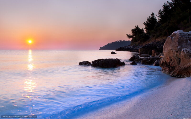 Sunset over Rocky Beach — Orange, Serene, Photograph, Sun, Sea, Rocks, Trees