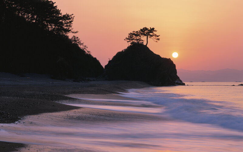 Sunset over Rocky Beach — Orange, Serene, Photograph, Sun, Sea