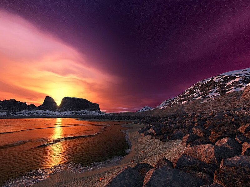 Sunset over Rocky Beach — Purple, Dramatic, Digital Art