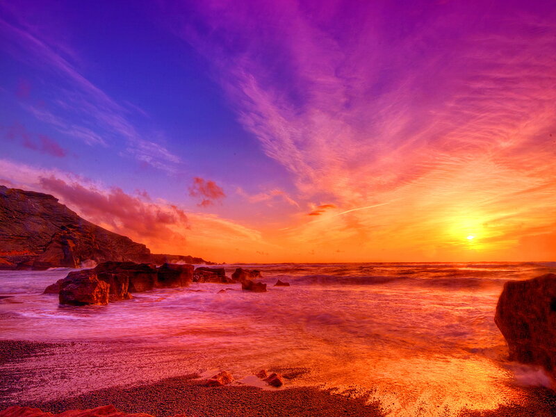 Sunset over Rocky Beach — Purple, Dramatic, Photograph, Ocean, Rocks, Sky