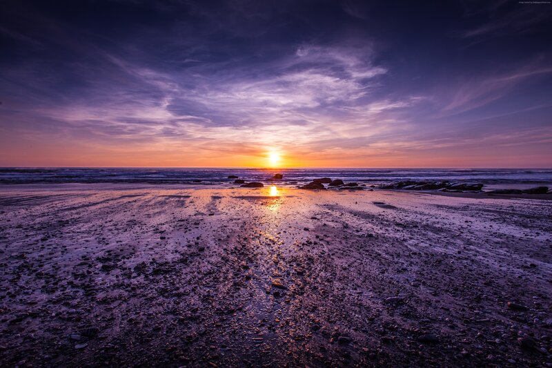 Sunset over Rocky Beach — Purple, Dramatic, Photograph, Ocean, Sky, Rocks