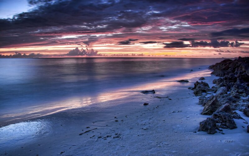 Sunset over Rocky Beach — Purple, Dramatic, Photograph, Ocean, Sky