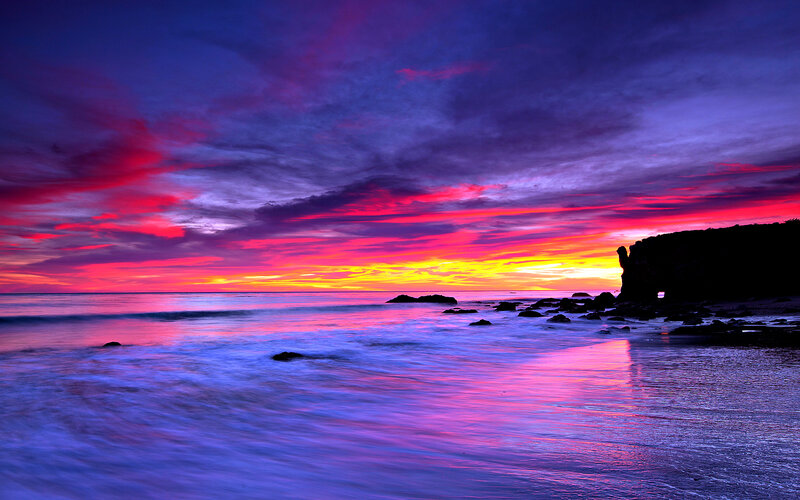 Sunset over Rocky Beach — Purple, Dramatic, Photograph, Ocean