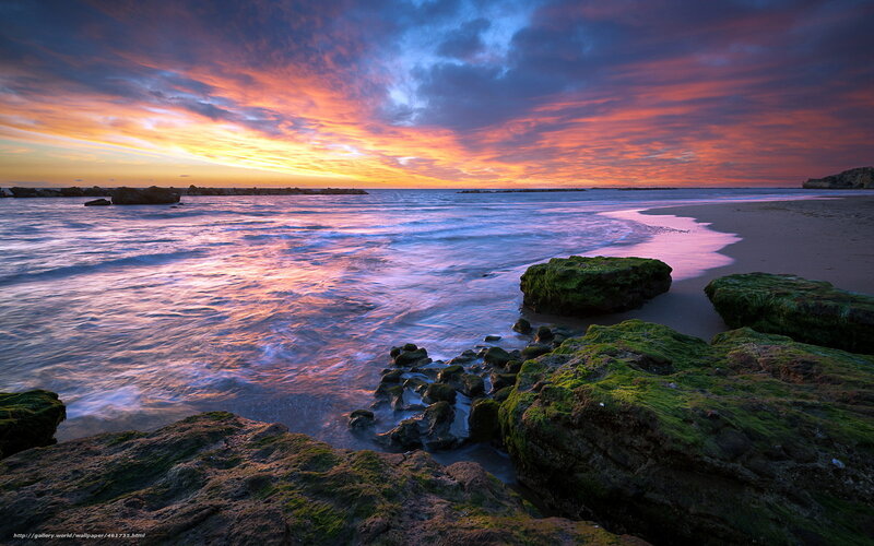 Sunset over Rocky Beach — Purple, Dramatic, Photograph, Rocks, Ocean, Sky, Sand