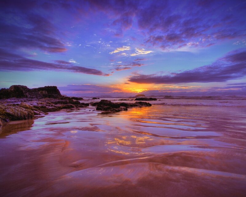 Sunset over Rocky Beach — Purple, Dramatic, Photograph, Rocks, Ocean, Sky