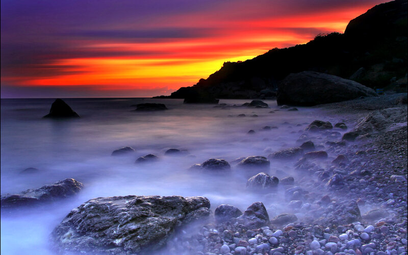 Sunset over Rocky Beach — Purple, Dramatic, Photograph, Rocks, Ocean