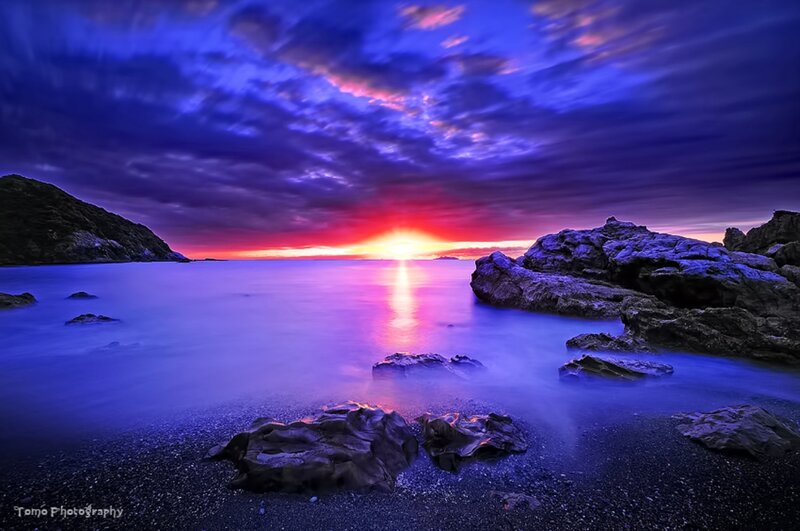 Sunset over Rocky Beach — Purple, Dramatic, Photograph, Rocks
