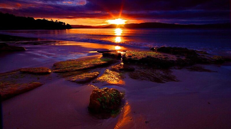Sunset over Rocky Beach — Purple, Dramatic, Photograph, Sun