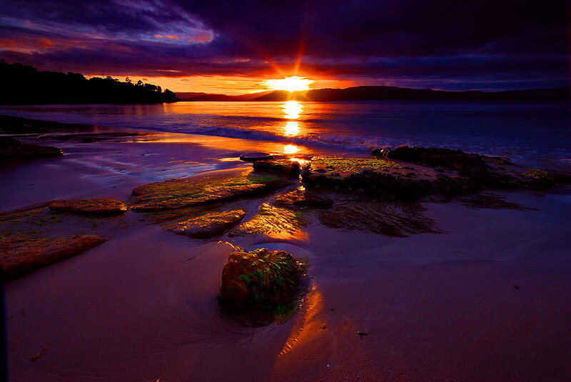 Sunset over Rocky Beach — Purple, Dramatic, Photograph