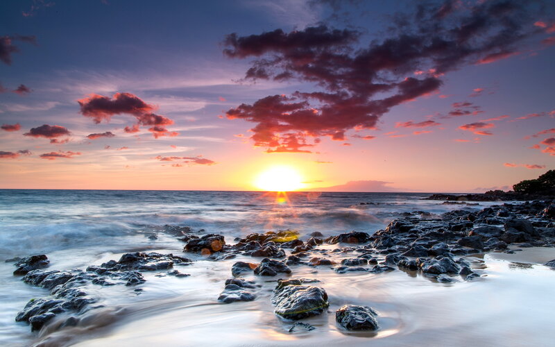 Sunset over Rocky Beach — Purple, Serene, Photograph, Ocean, Clouds