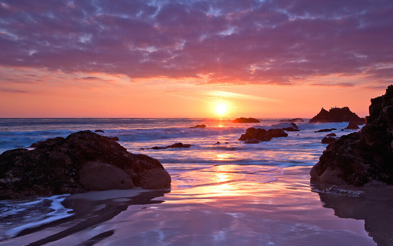 Sunset over Rocky Beach — Purple, Serene, Photograph, Ocean, Rocks