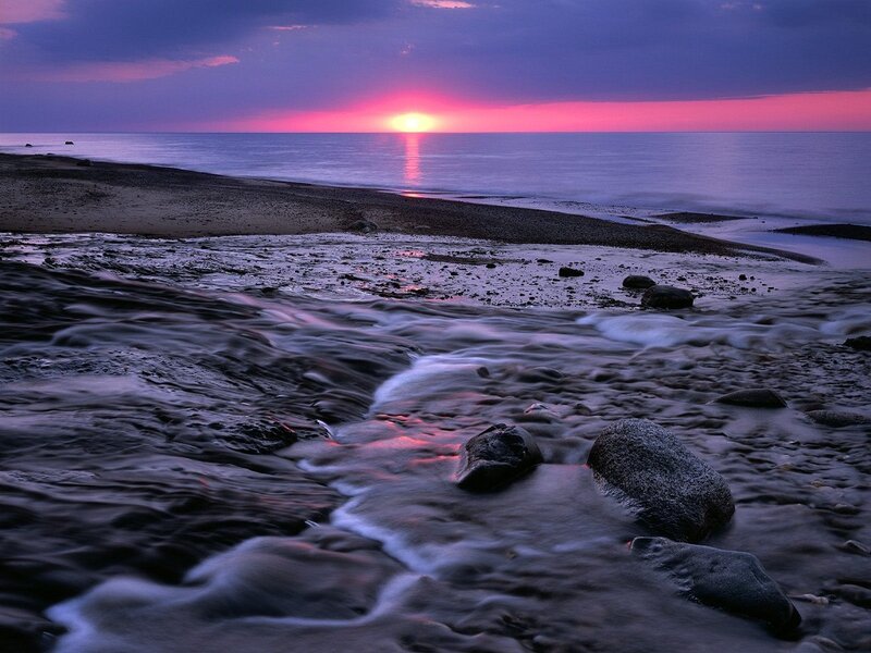 Sunset over Rocky Beach — Purple, Serene, Photograph