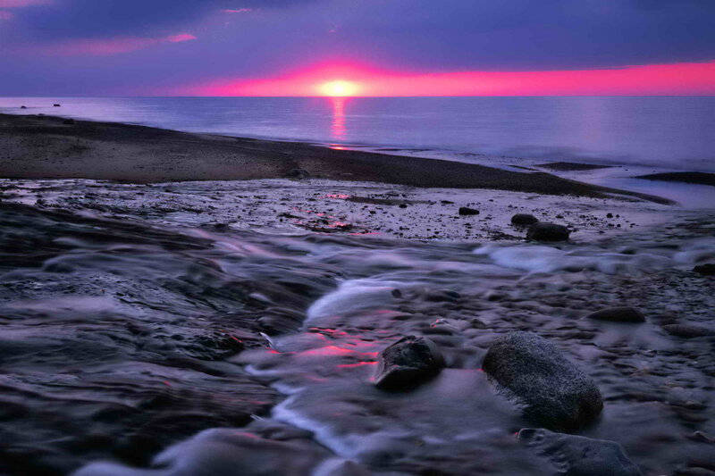 Sunset over Rocky Beach — Purple, Serene