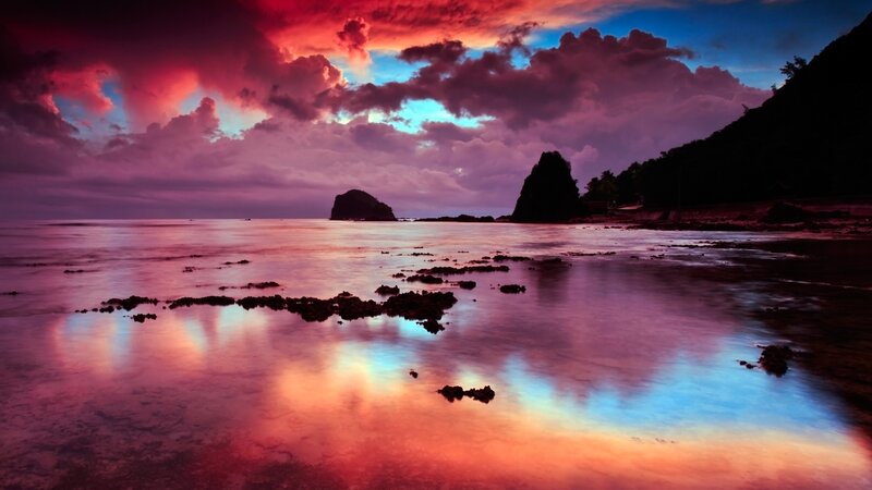 Sunset over Rocky Beach — Red, Dramatic, Photograph, Clouds, Rocks