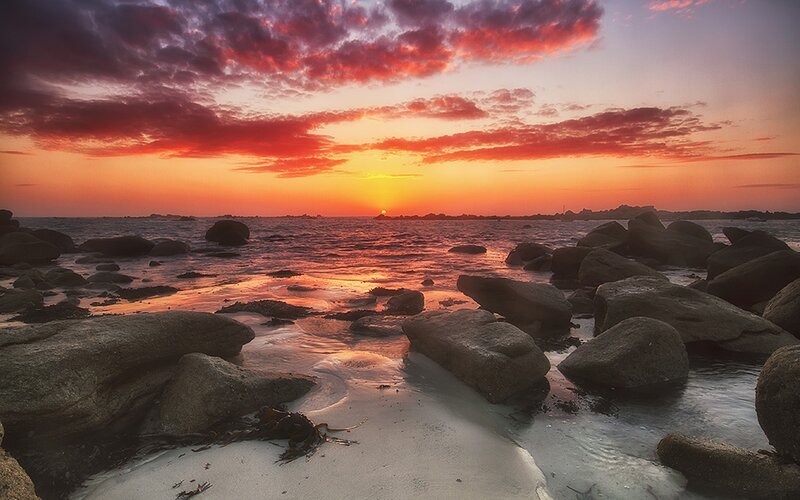 Sunset over Rocky Beach — Red, Dramatic, Photograph, Rocks, Ocean, Sky