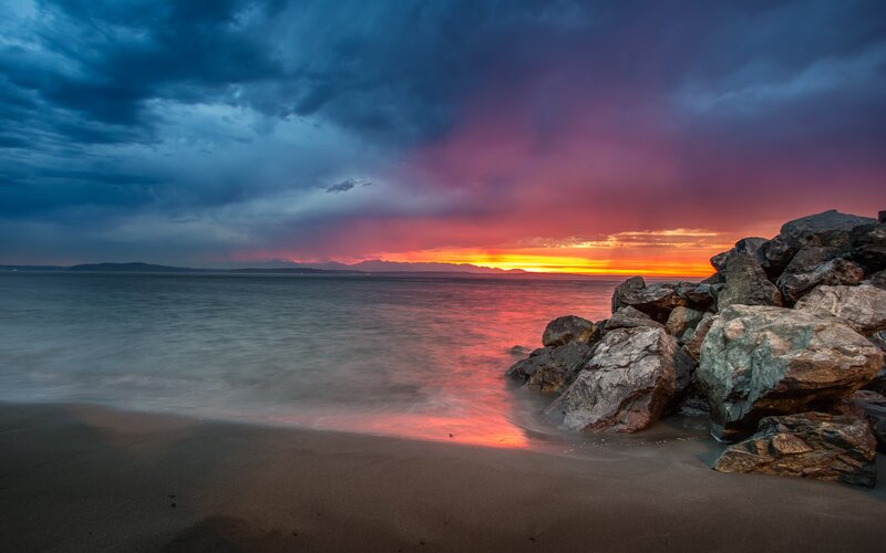 Sunset over Rocky Beach — Red, Dramatic, Photograph, Rocks, Ocean