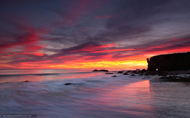 Sunset over Rocky Beach — Red, Dramatic, Photograph, Rocks