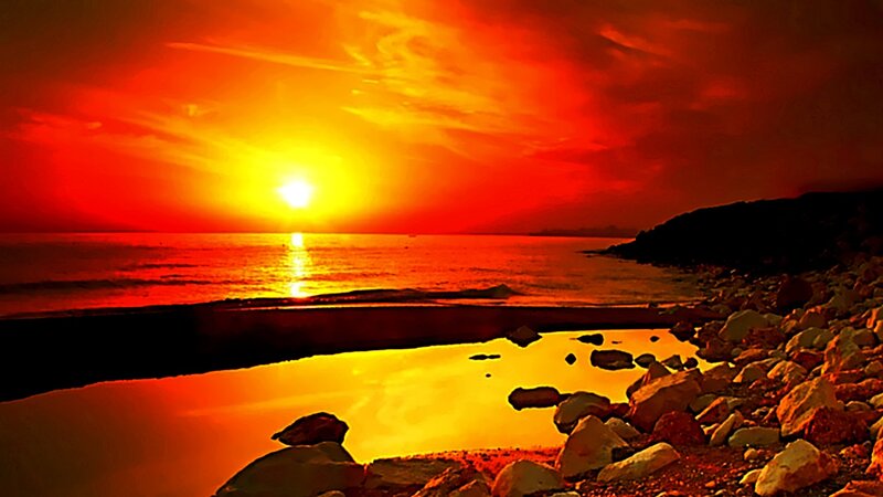 Sunset over Rocky Beach — Red, Dramatic, Photograph, Sun