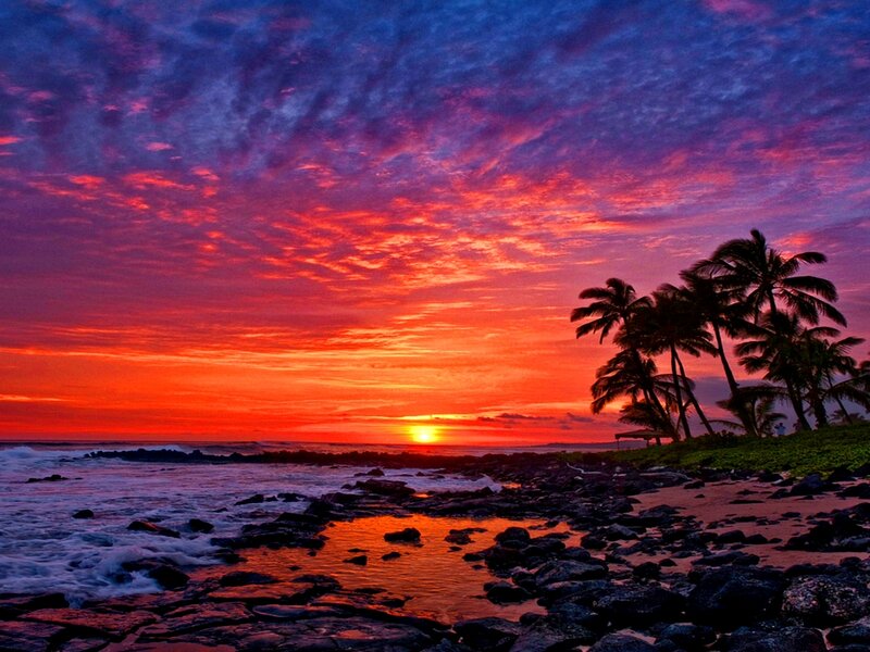 Sunset over Rocky Beach — Red, Dramatic, Photograph