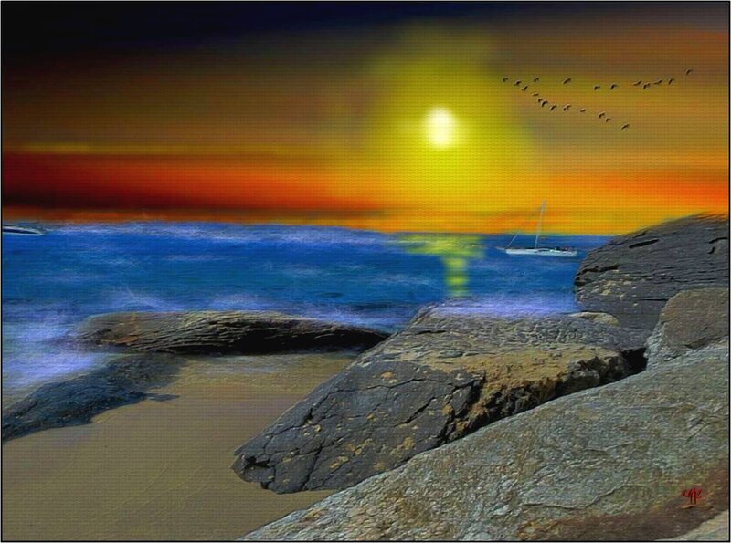 Sunset over Rocky Beach — Yellow, Dramatic, Digital Art