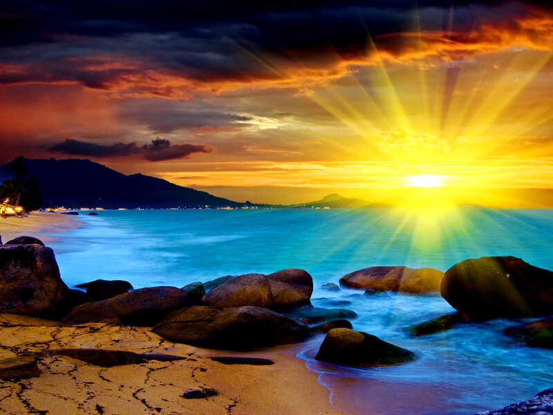 Sunset over Rocky Beach — Yellow, Dramatic, Photograph
