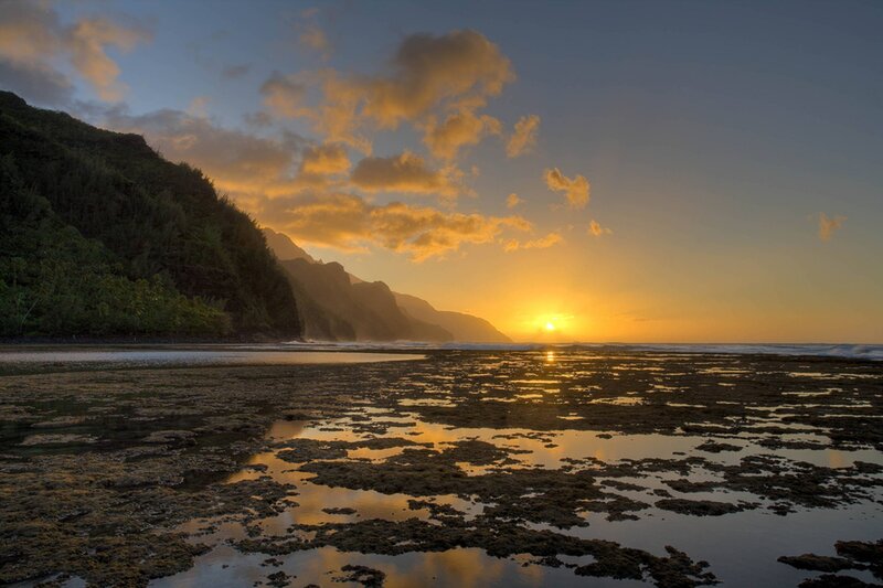 Sunset over Rocky Beach — Yellow, Serene