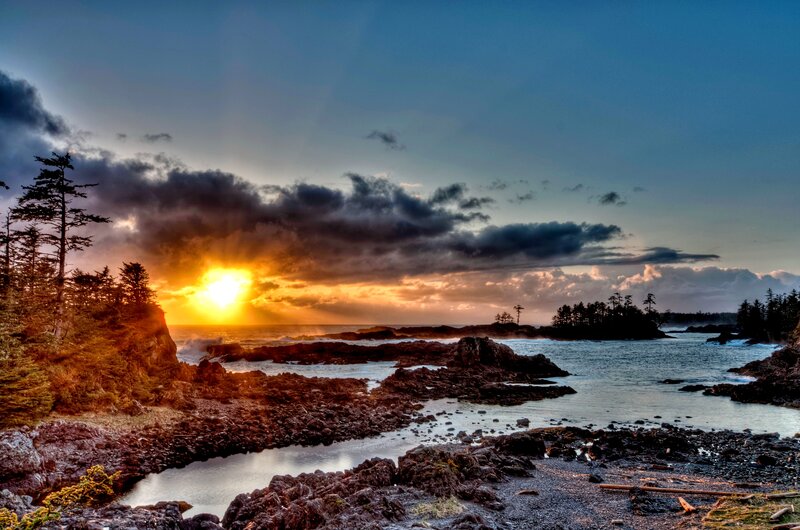 Sunset over Rocky Coast — Blue, Dramatic, Photograph, Sun