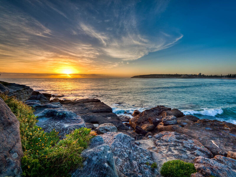 Sunset over Rocky Coast — Blue, Serene, Photograph